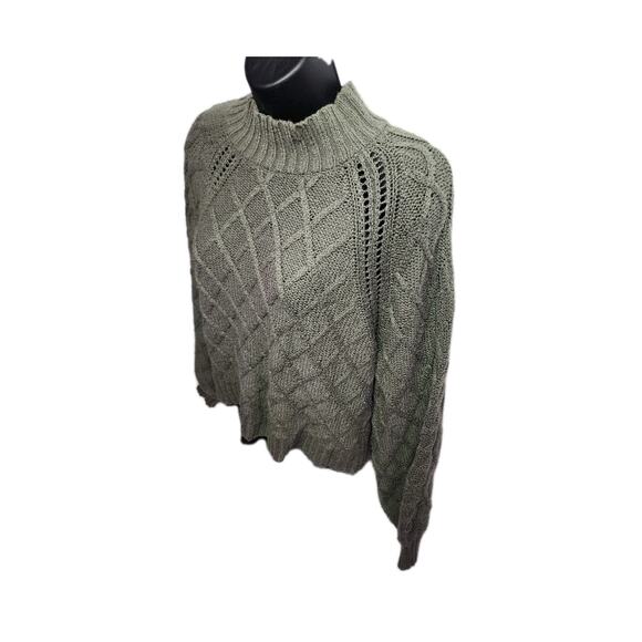 American Eagle Women’s XL Sweater Olive Green Cable Knit Diamond Crop Mock Neck - Picture 4 of 15